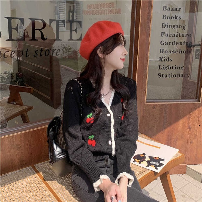 Women's Knits Tees Autumn est Cardigans Women Sweet Elegant V-neck Lovely Cherry Patchwork Ladies Outwear Gentle High Street Leisure Trendy Chic 