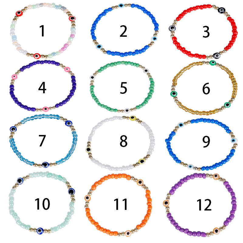 Evil Turkish Eye Bracelet Handmade Rope Chain Colorful Crystal Rice Beaded Elasticity Bracelets for Women Mens Jewelry