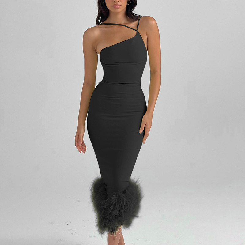 Women Casual Dresses Sleeveless Halter Fringe Tassel Hem Bodycon Midi Dress