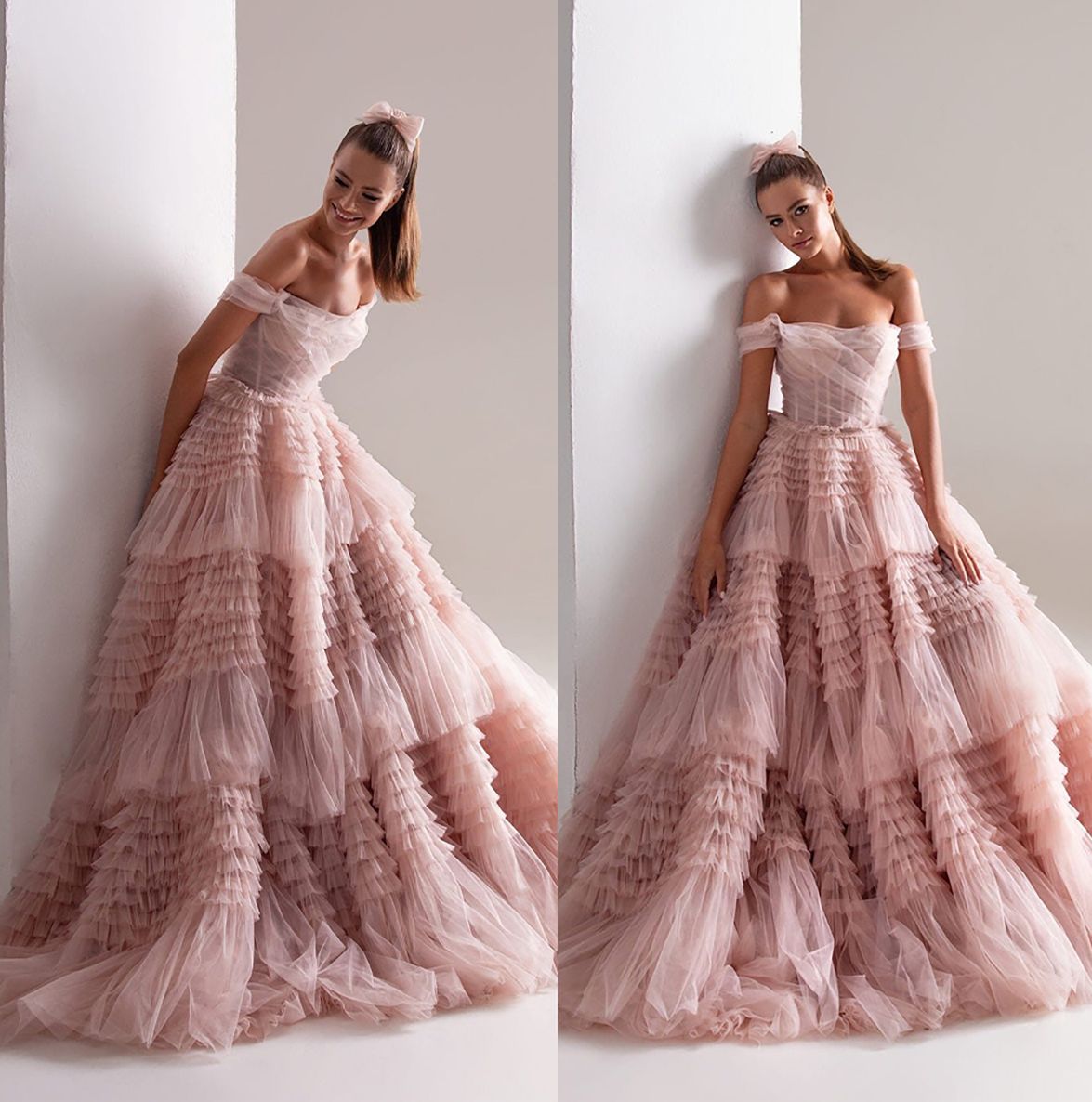 Pirncess Pink Prom Dresses Multilayered Ruffles Party Dresses Strapless Ruched Custom Made Evening Dress
