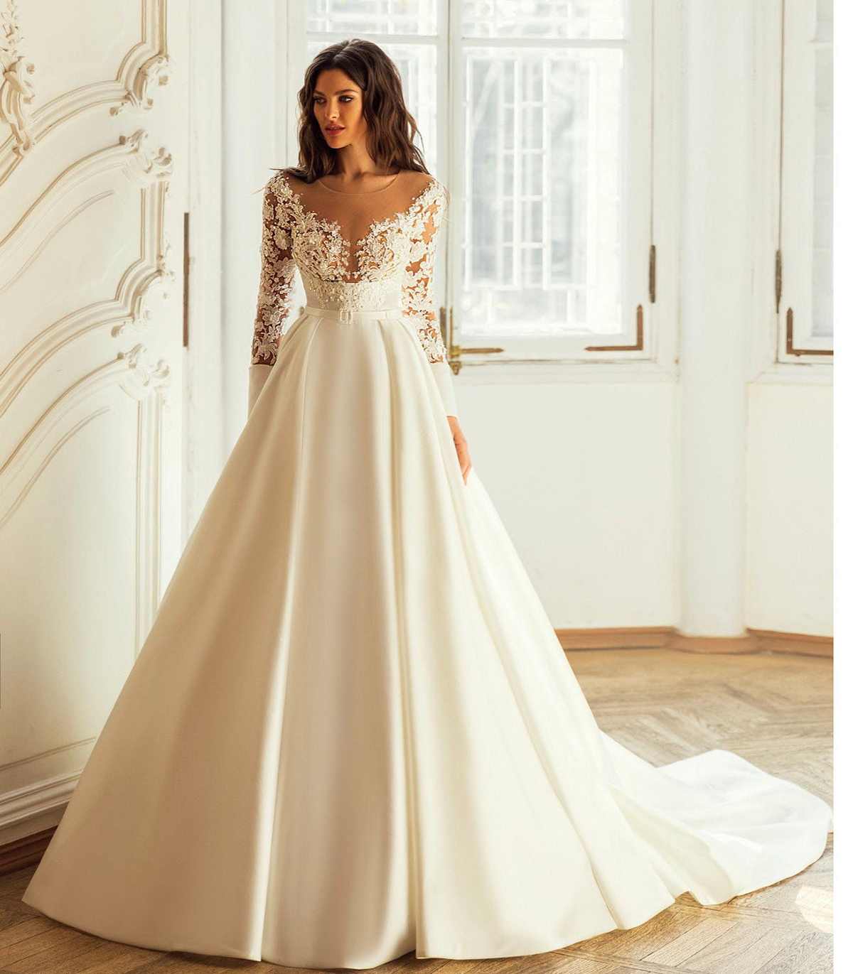 Elegant A-line Wedding Dresses Jewel Long Sleeves Belt Solid Color 3D Flower Applicant Stain Zipper Backless Court Gown Custom Made Plus Size Vestidos