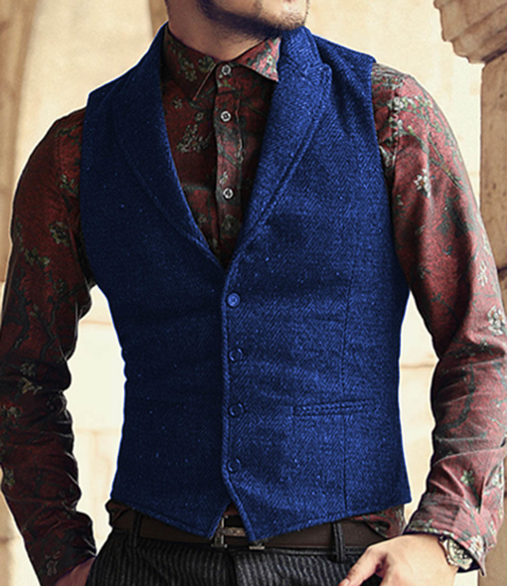 Mens Vests Classic Suit Vest Herringbone Pattern Business Waistcoat Notch Lapel Wool Tweed Groomsmen For Wedding 221117