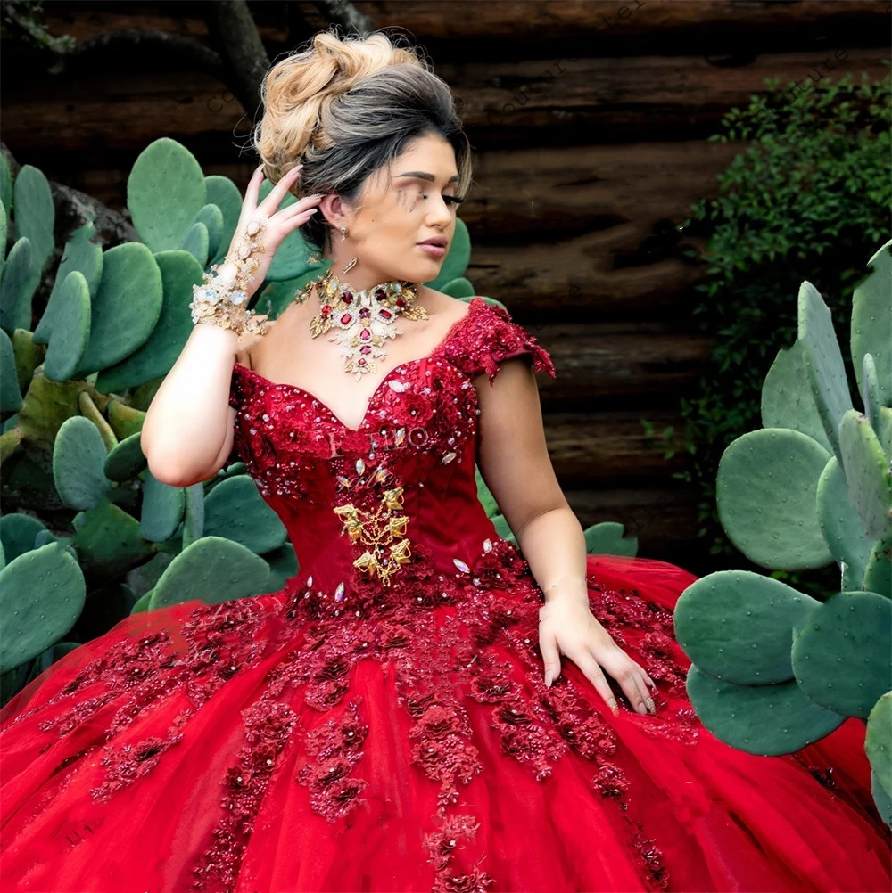 Red Beaded Puff 2023 Appliques Quinceanera Off the Shoulder Plus Size Ball Gown Corset Sweet 16 Dresses Vestidos De 15