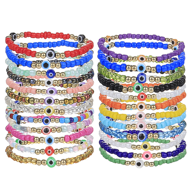 Evil Turkish Eye Bracelet Handmade Rope Chain Colorful Crystal Rice Beaded Elasticity Bracelets for Women Mens Jewelry