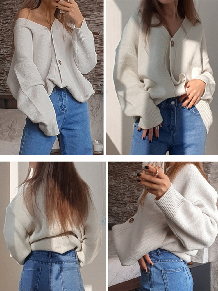 Women's Knits Tees Colorfaith V-Neck Buttons Cardigans Oversized Fashionable Korean Lady Winter Spring Sweaters Knitwears SWC18190 221117