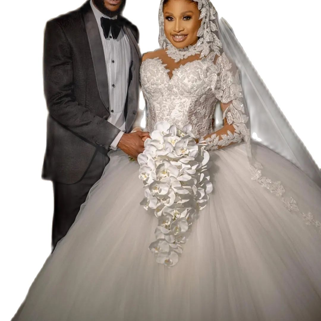 Black Girls Ball Gown Wedding Dress Princess Sheer High Neck Lace Appliques Long Sleeve Hollow Back Bridal Gowns