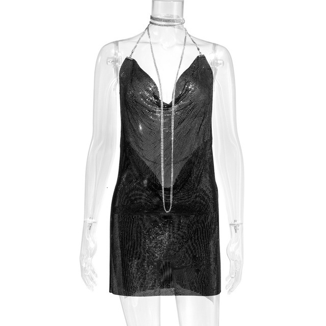 Casual Dresses SRUBY Sexy Metallic Backless Metal Party Summer Women Night club Mini dress Glitter Sequin ladies Christmas 221117