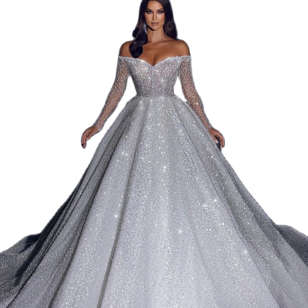 Sparkly Dubai A Line Wedding Dress Sequined Off The Shoulder Long Sleeve Bridal Gowns Plus Size Vestidos De Novias