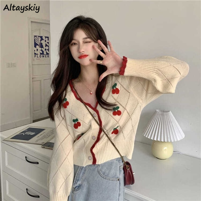 Women's Knits Tees Autumn est Cardigans Women Sweet Elegant V-neck Lovely Cherry Patchwork Ladies Outwear Gentle High Street Leisure Trendy Chic 