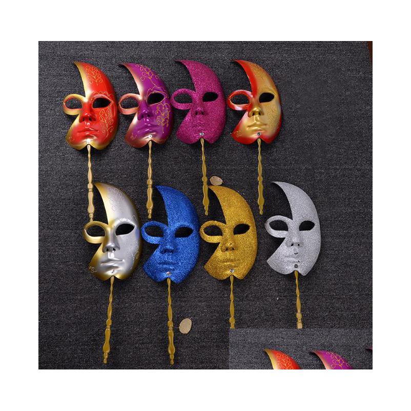 Party Masks Party Half Face Glitter Masquerade Mask With Stick Midnight Venetian Ball Carnival Wedding Masks Hand Held Drop Delivery Dhuru