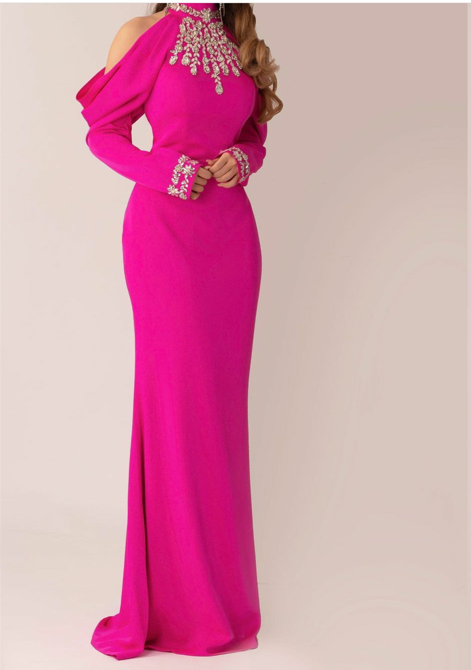 Crystals Beaded Simple Fuchsia Prom Dresses High Neck Drop Sleeves Long Sheath Satin Formal Evening Gowns Floor Length Special Occasion Vestido