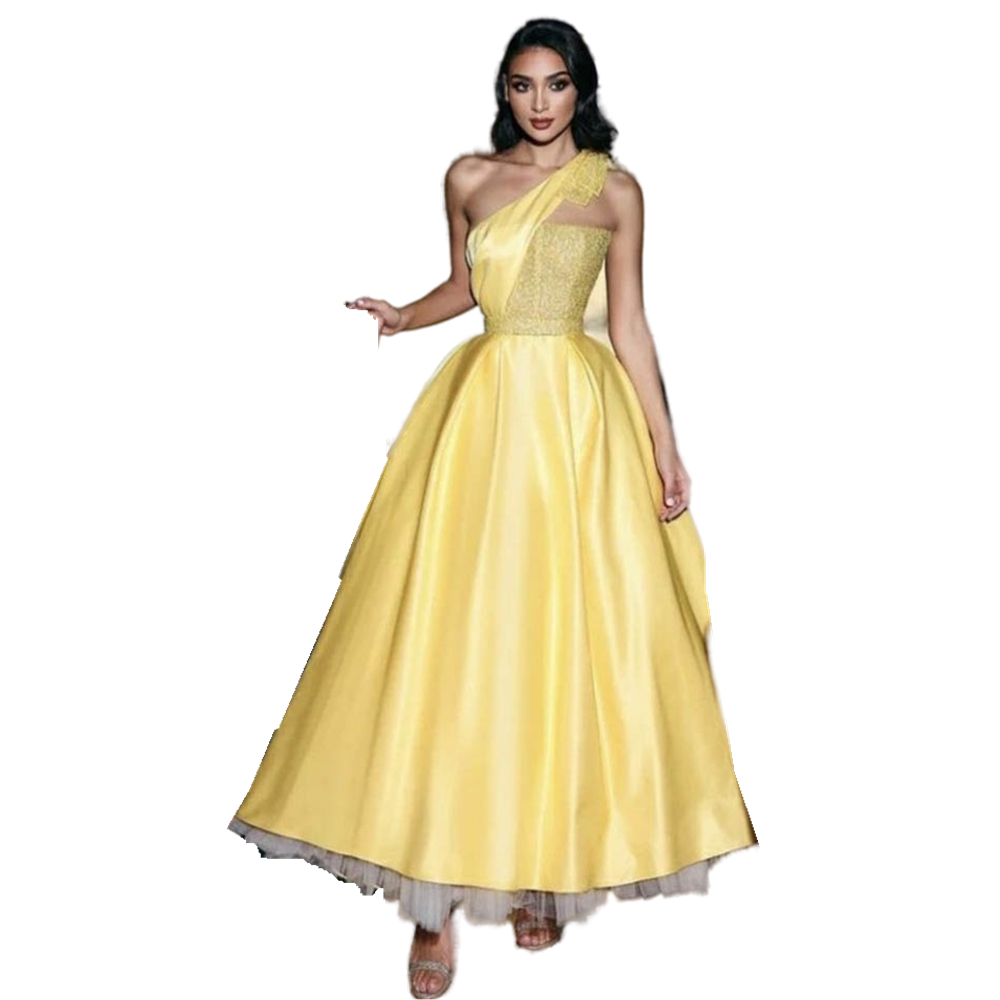 Elegant Yellow One Shoulder Prom Dresses With White Tulle Skirt A-Line Simple Satin Formal Occasion Evening Gowns Ankle Length Engagement Celebrity Dr