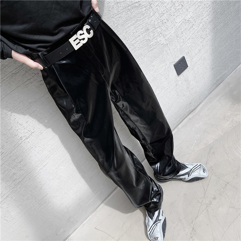 Mens Pants IEFB Autumn net trend personality streetwear bright PU leather trousers side tight waist loose casual pants mens Y4703 221117