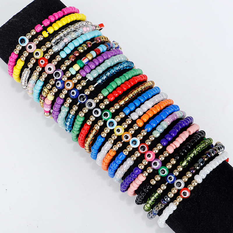 Evil Turkish Eye Bracelet Handmade Rope Chain Colorful Crystal Rice Beaded Elasticity Bracelets for Women Mens Jewelry