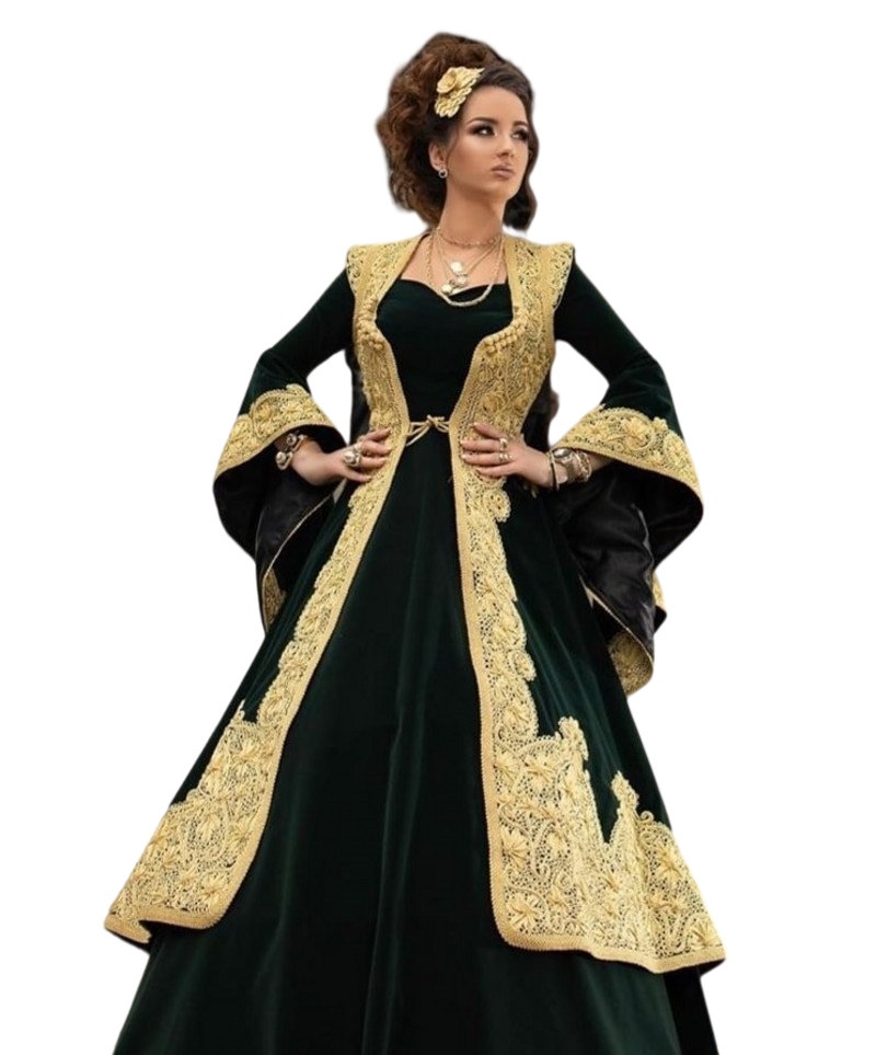 Albanian Caftan hunter green Evening Dresses Flared Long Sleeves Velvet laceTraditional Kosovo Prom Gowns Party Outfits