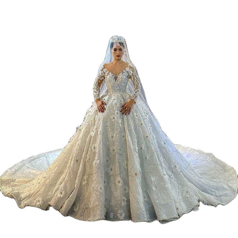 3D Flowers Wedding Dress Saudi Arabia Sexy Sheer V Neck Long Sleeve Bridal Gowns Romantic Bride Dress Robe De Mariee