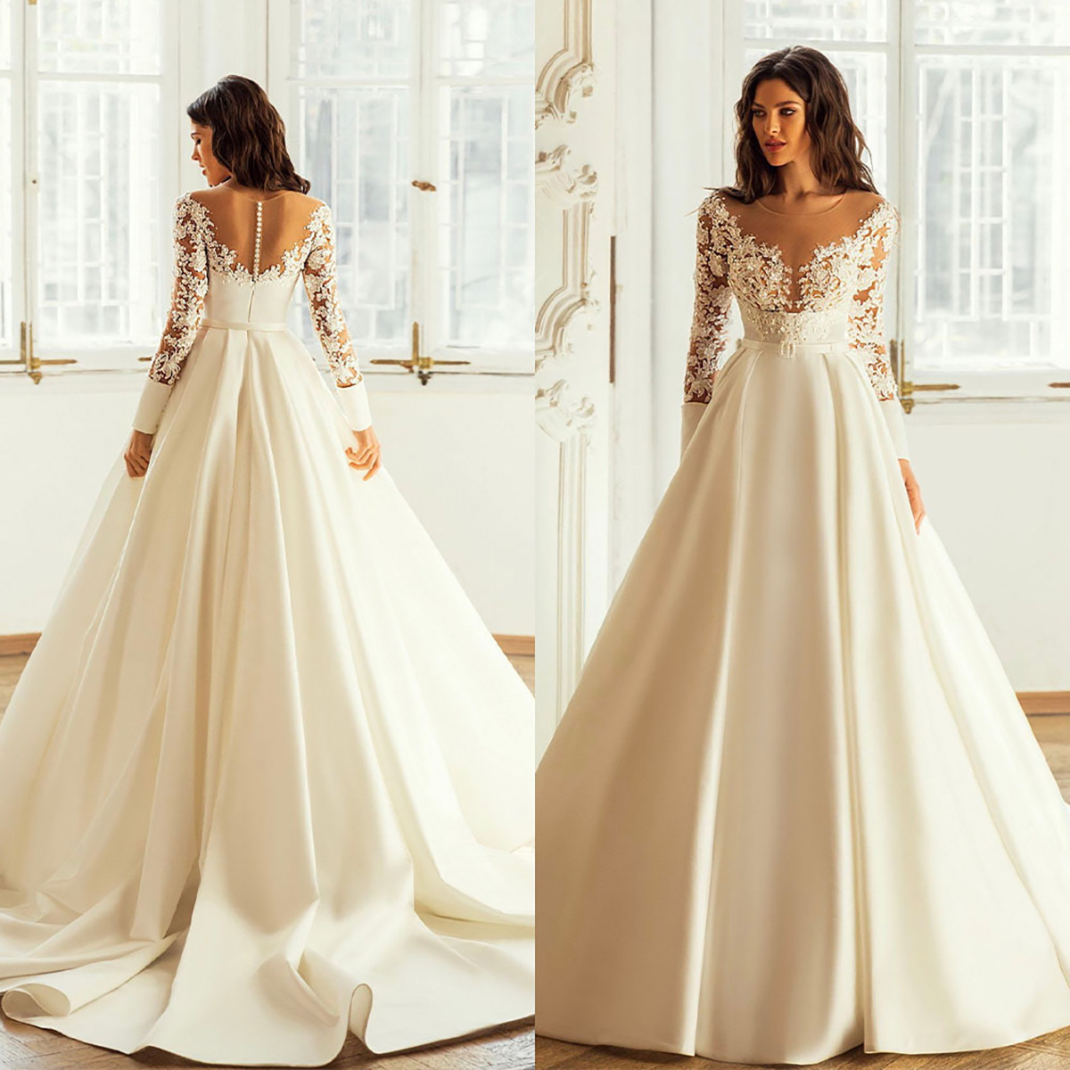 Elegant A-line Wedding Dresses Jewel Long Sleeves Belt Solid Color 3D Flower Applicant Stain Zipper Backless Court Gown Custom Made Plus Size Vestidos