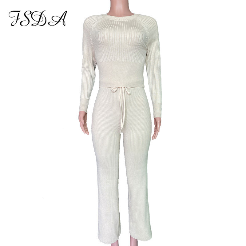 Womens Two Piece Pants FSDA Women Set Sweater Top Long Sleeve And Biker Autumn Winter White Casual Warm Outfits Knitted 221117