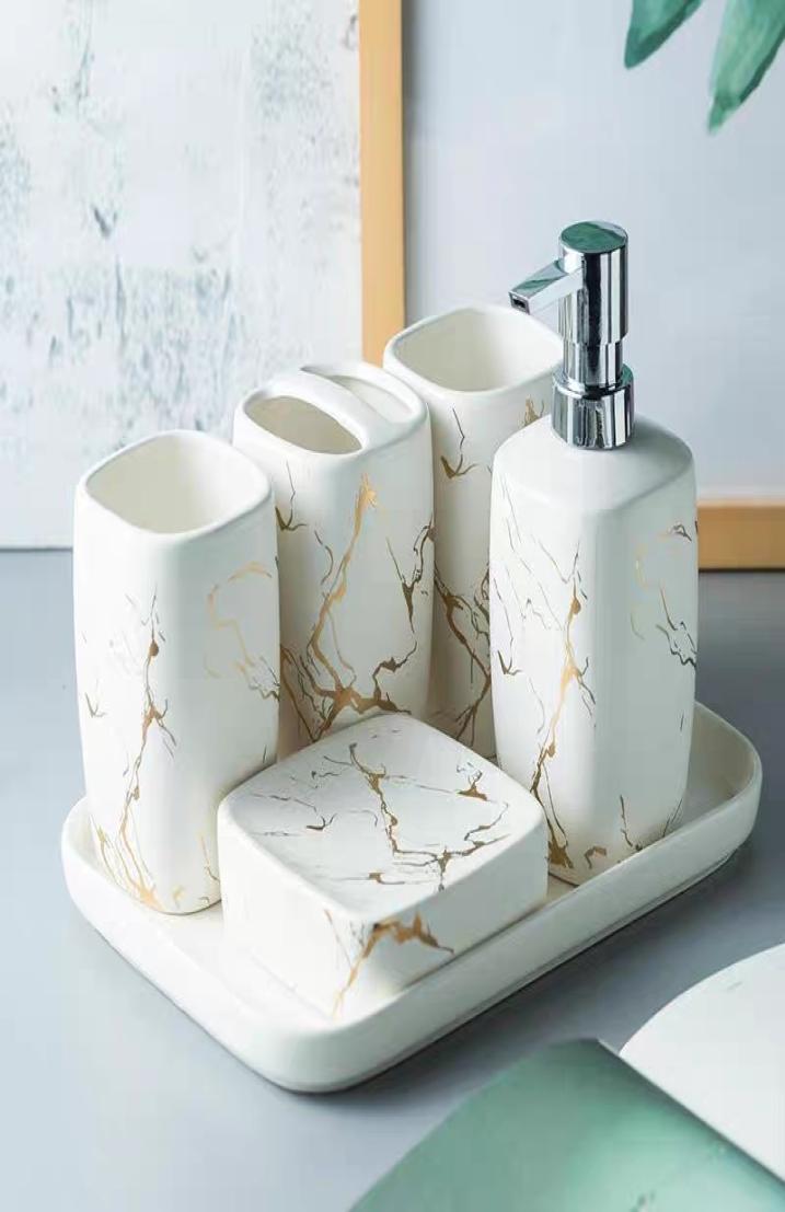 Marble Ceramics Bathroom Set 5pcs Soap DispenserTooth brush HolderTumblerSoap Dish Tray Bathroom decoration Accessories LJ20120
Marble Ceramics Bathroom Set 5pcs Soap DispenserTooth brush HolderTumblerSoap Dish Tray Bathroom decoration Accessories LJ20120