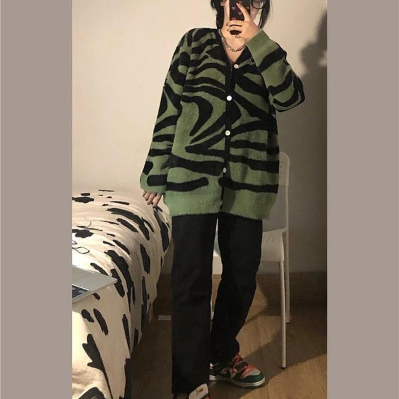 Women's Knits Tees Women Cardigan Zebra Pattern V-neck Loose Casual All-match Single Breasted Knitted Sweater Korean Style Ulzzang Autumn Outwear