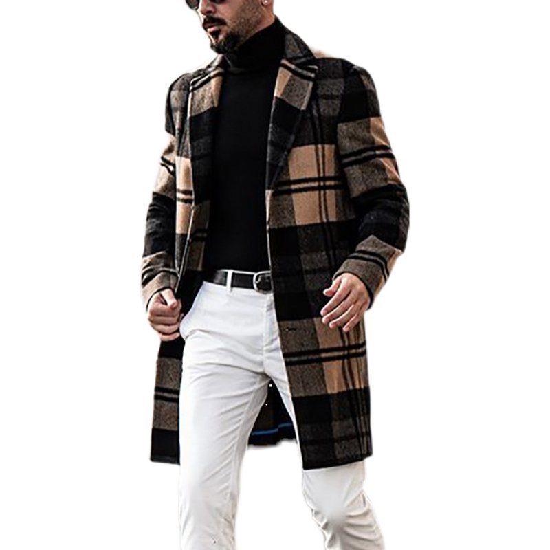 Men's Plaid Woolen Slim Fit Mid Length Autumn Winter Warm Coats Casual Fashion For Male Plus Size Polyester - B1