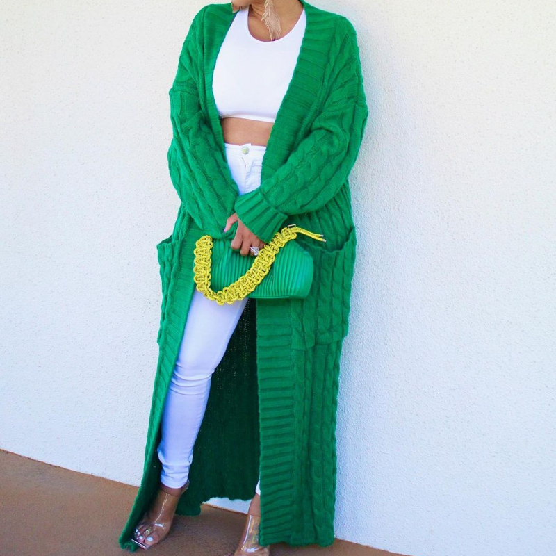 Women's Knits Tees Kintted Cardigan Women Long Jacket Autumn Winter Green Crochet Loose Sleeve Woman Sweater Warm Jumper Causal Cardigans 221117