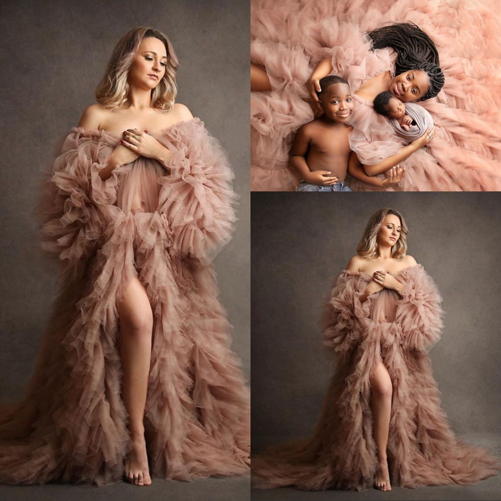 2023 Sexy Prom Dresses Khaki African Maternity Dress Robes for Photo Shoot baby shower Ruffle Tulle Chic Women Ruffles Long Sleeves Photography Robe P