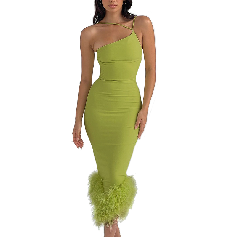 Women Casual Dresses Sleeveless Halter Fringe Tassel Hem Bodycon Midi Dress