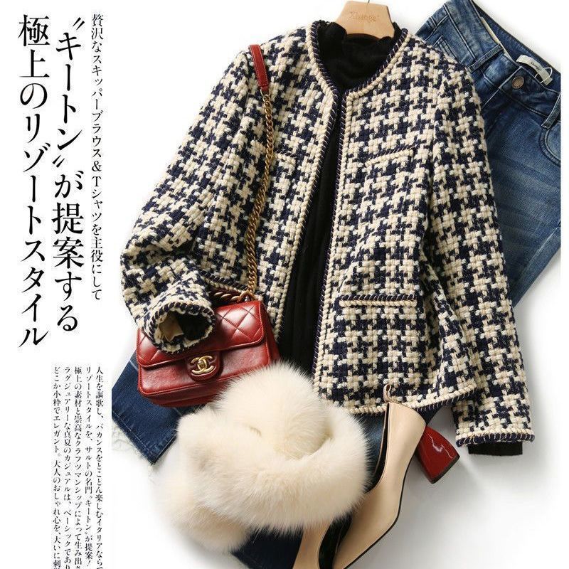 Womens Suits Blazers Houndstooth Tweed Blended Vintage Jacket Short Coat Korean Fashion Long Sleeve Winter Clothes Jackets For Women 221117