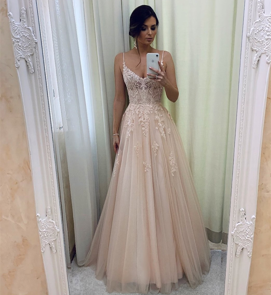 Wedding Dress Blush Pink Bridal Gown or Length Lace Appliques Boho Sweetheart Spaghetti Strap Robe De Soiree Longue