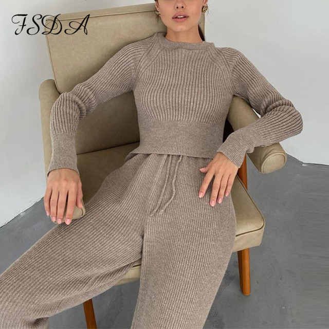 Womens Two Piece Pants FSDA Women Set Sweater Top Long Sleeve And Biker Autumn Winter White Casual Warm Outfits Knitted 221117