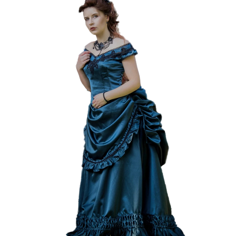 Vintage Victorian Bustle Evening Dresses Pale Blue Ruched V-Neck Satin Prom Gowns For Women Ruffles Pleats 1820S Long Special Occasion Wear Black Lace