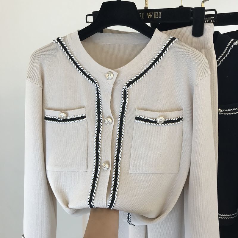 Womens Two Piece Pants Autumn Korean Color Block Round Neck Double Pocket Knit Cardigan Top Loose Wide Leg TwoPiece Set Women 221117