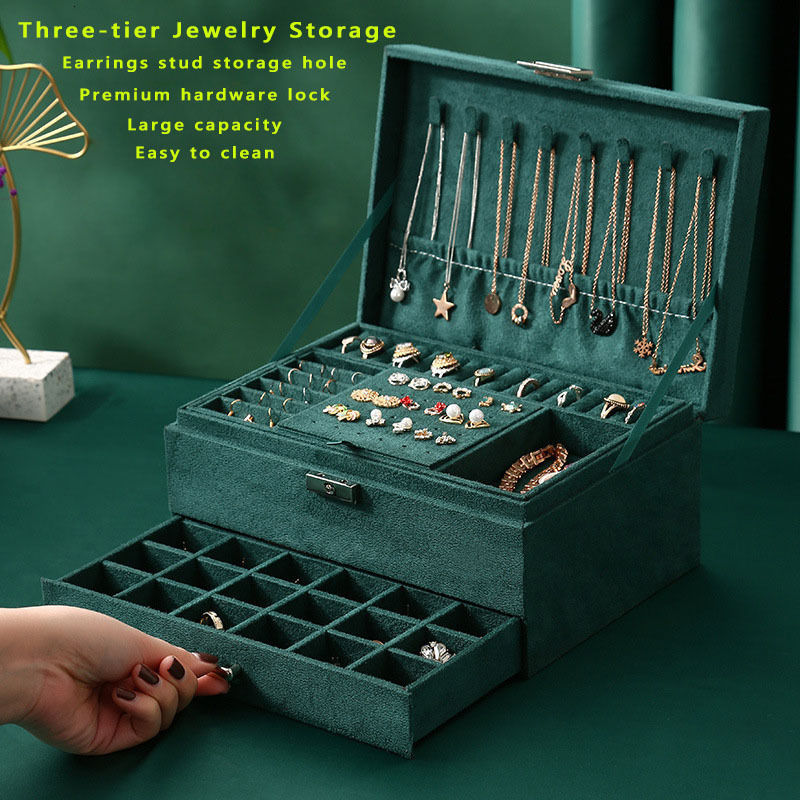 Green 3-Layer Flannel Jewelry Organizer Box Necklaces Earrings Rings Display Holder Case for Women Large Capacity With Lock 220718