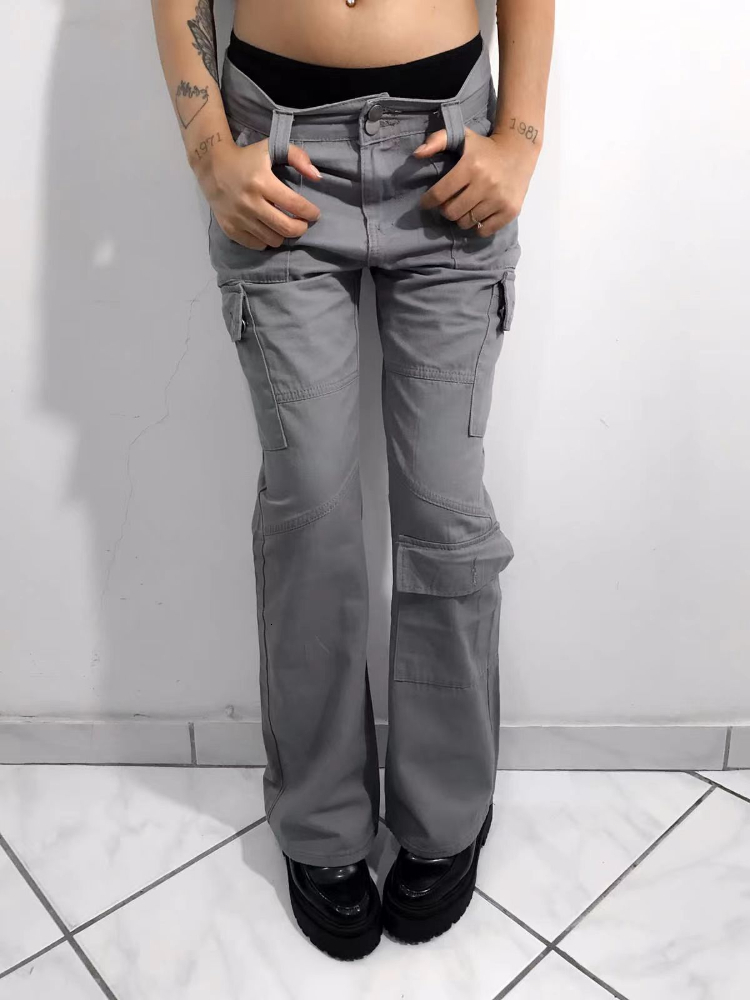 Women's Jeans WeiYao Gray Casual Stitched Pocket Cargo Pants Women Low Waist Vintage Streetwear Korean Fashion Straight Denim Trousers 221117
