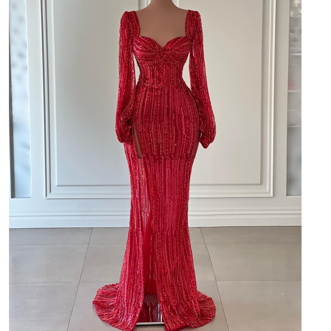 Exquisite Red Evening Women Long Sleeves V Neck Backless Or Length Lace Side Slit Sequins Beaded Sexy Prom Dress Formal Gowns Plus Size Tailored Lz030