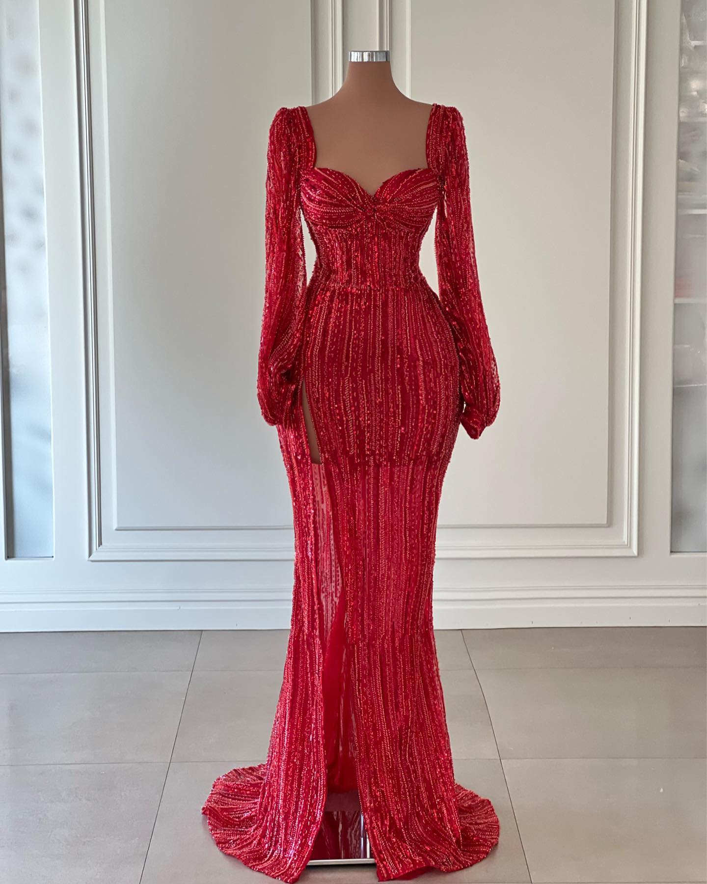 Exquisite Red Evening Women Long Sleeves V Neck Backless Or Length Lace Side Slit Sequins Beaded Sexy Prom Dress Formal Gowns Plus Size Tailored Lz030
