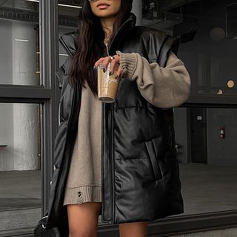 Women's Vests Fashion Stand Collar Simple Elegant Side Pockets Coats Faux Leather Solid Straight Long Ladies 221117