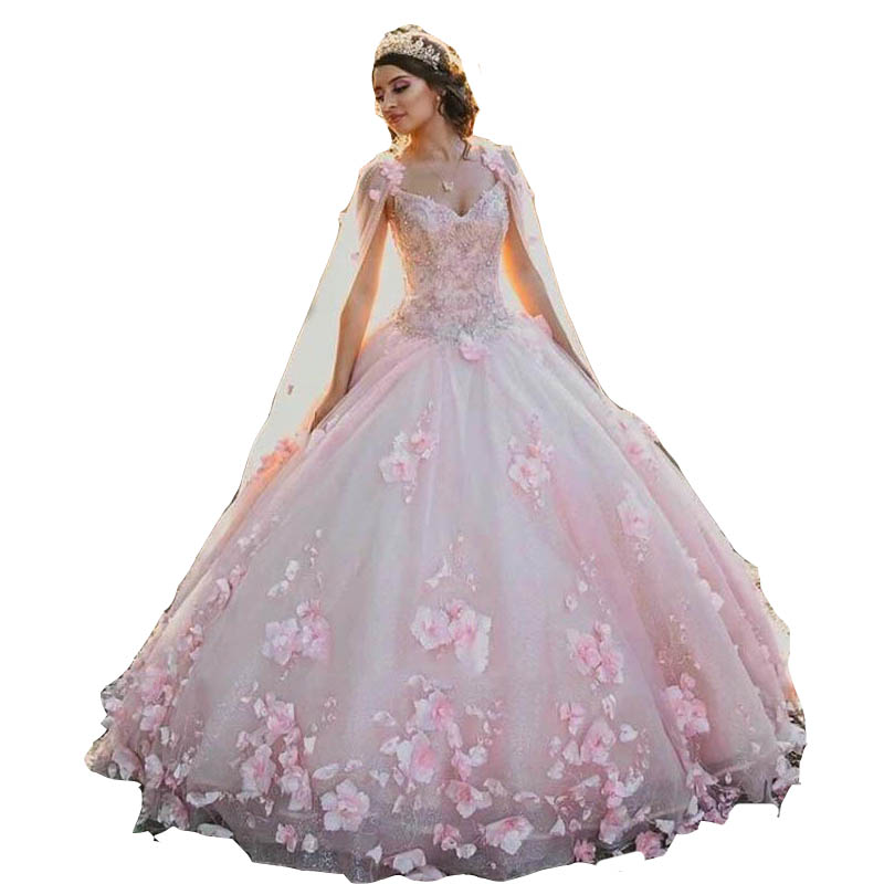 2023 Sexy Quinceanera Ball Gown Dree Bluh Pink Lace Applique 3D Floral Flower Crytal Bead With Cape Off Shoulder Sweep Train Plu Size Prom Evening