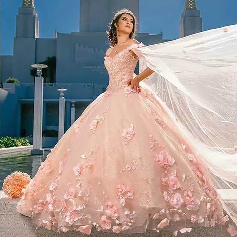 2023 Sexy Quinceanera Ball Gown Dree Bluh Pink Lace Applique 3D Floral Flower Crytal Bead With Cape Off Shoulder Sweep Train Plu Size Prom Evening