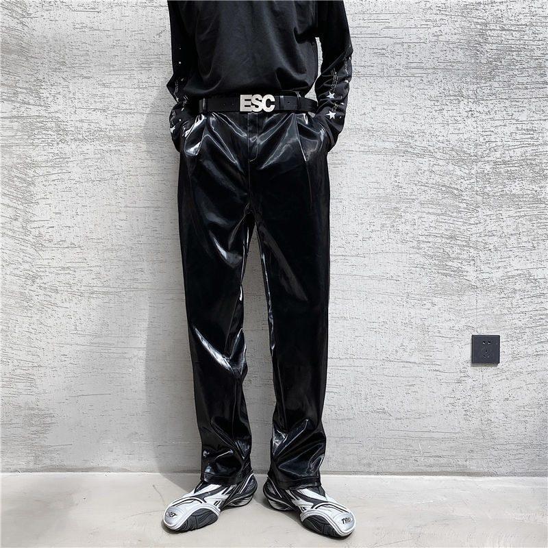 Mens Pants IEFB Autumn net trend personality streetwear bright PU leather trousers side tight waist loose casual pants mens Y4703 221117