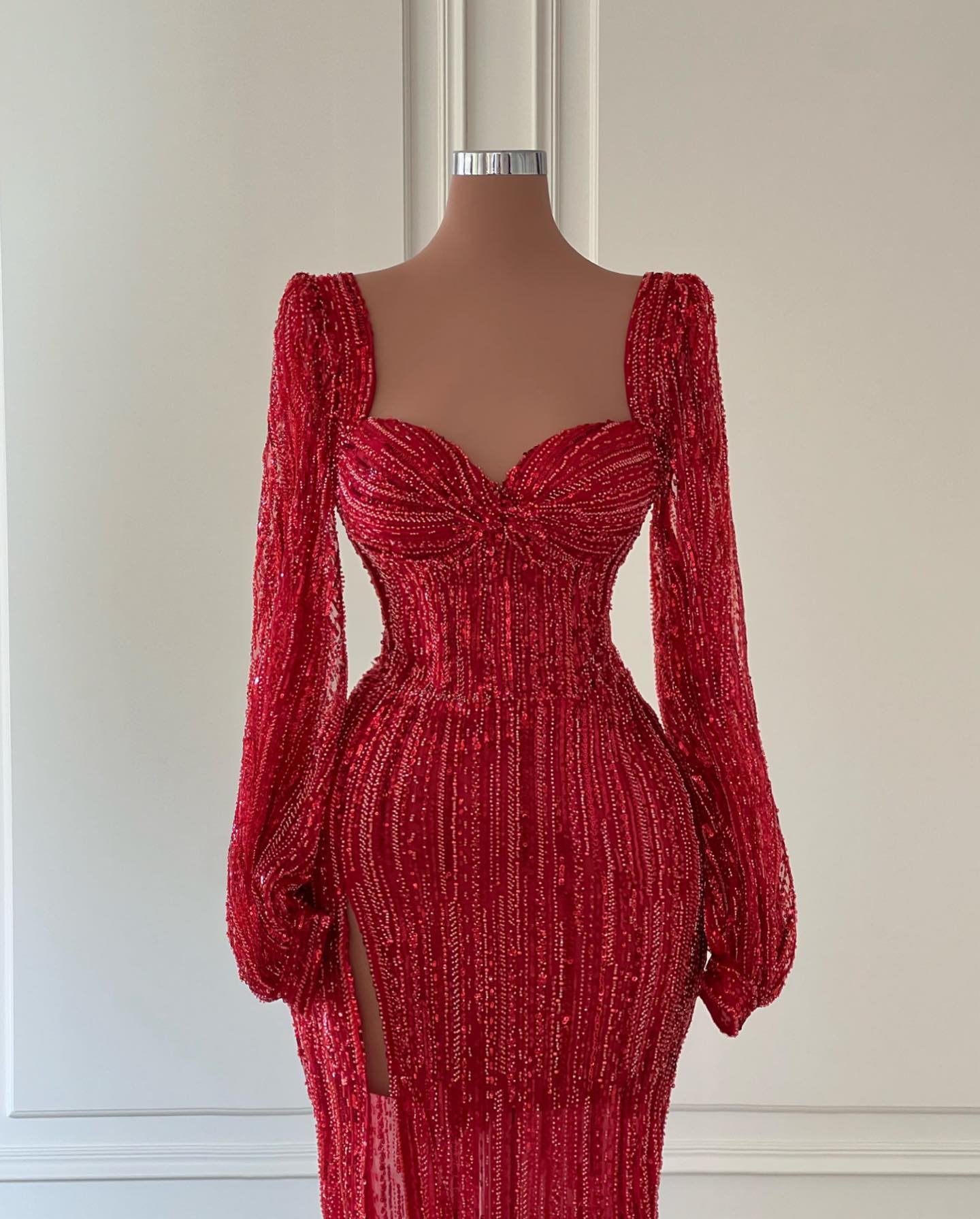 Exquisite Red Evening Women Long Sleeves V Neck Backless Or Length Lace Side Slit Sequins Beaded Sexy Prom Dress Formal Gowns Plus Size Tailored Lz030