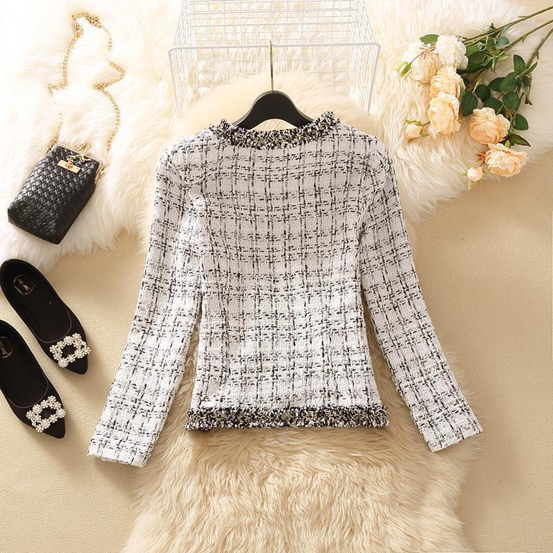 Women's Jackets Vintage Women Woolen Cropped Tweed Coat O-neck Slim Black White Plaid Short Korean Wool Blends Outwear Tops Chaquetas 221117