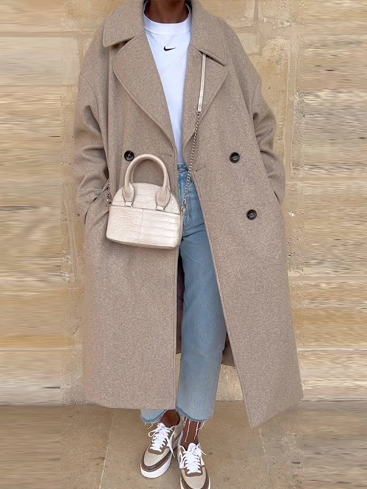 Women's Wool Blends Women Double Breasted Coat Lapel Collar Long Sleeves Solid Winte Fashion Warm Loose En Overcoat 221117