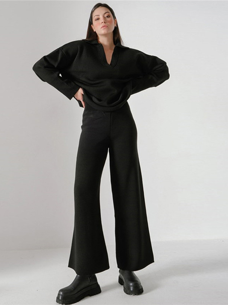 Womens Two Piece Pants Knitted Trousers Suit Winter Loose Solid Polo Neck Set Casual Long Sleeve KnitwearWide Leg Outfits 221117