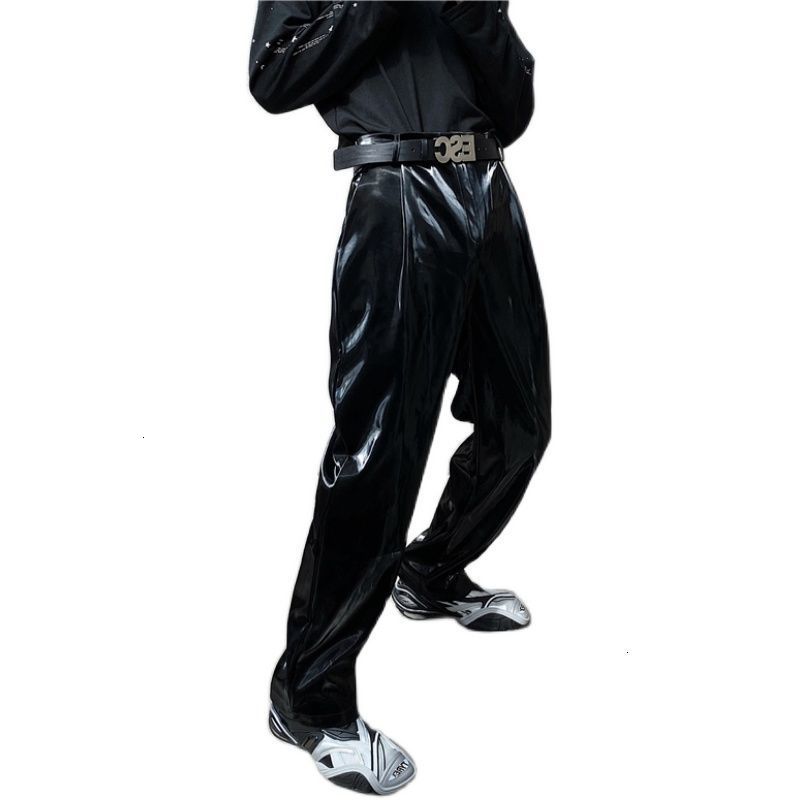 Mens Pants IEFB Autumn net trend personality streetwear bright PU leather trousers side tight waist loose casual pants mens Y4703 221117