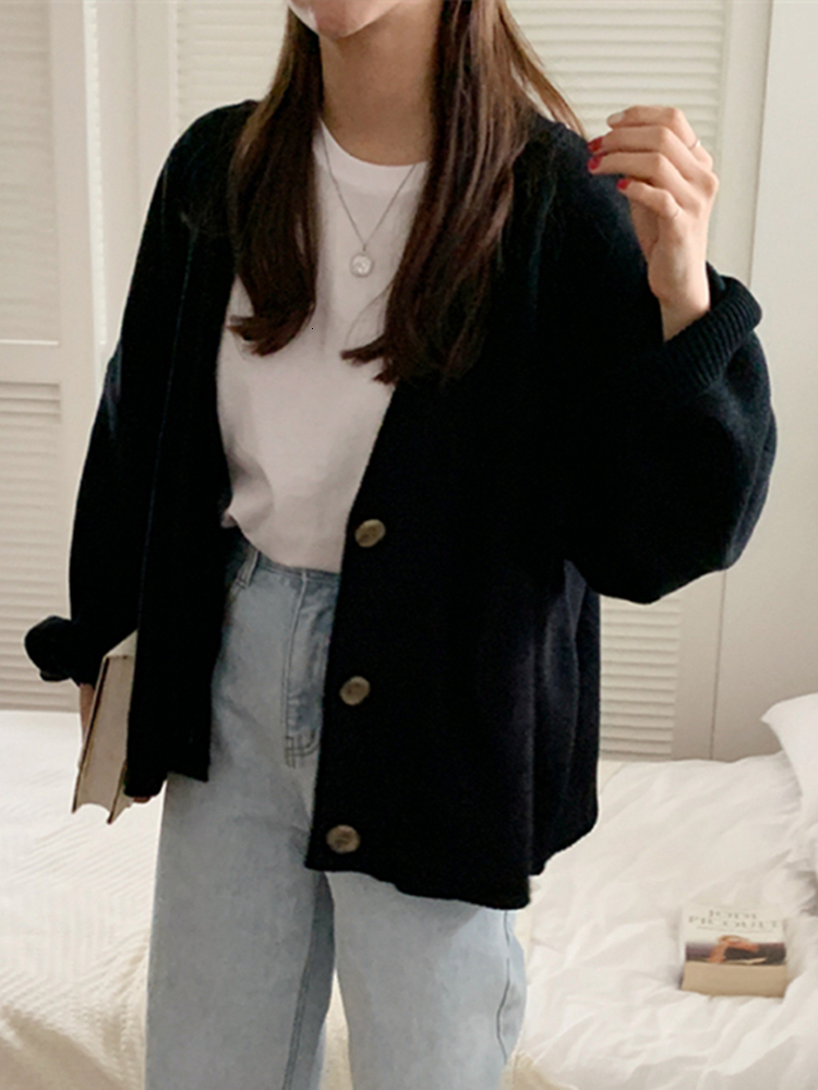 Women's Knits Tees Colorfaith V-Neck Buttons Cardigans Oversized Fashionable Korean Lady Winter Spring Sweaters Knitwears SWC18190 221117