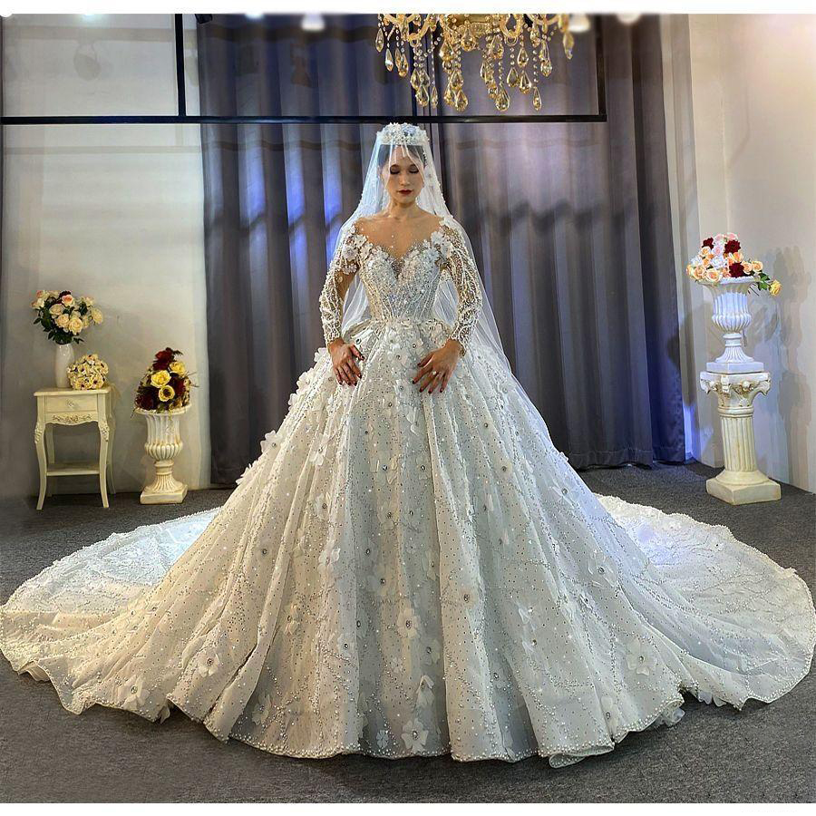 3D Flowers Wedding Dress Saudi Arabia Sexy Sheer V Neck Long Sleeve Bridal Gowns Romantic Bride Dress Robe De Mariee