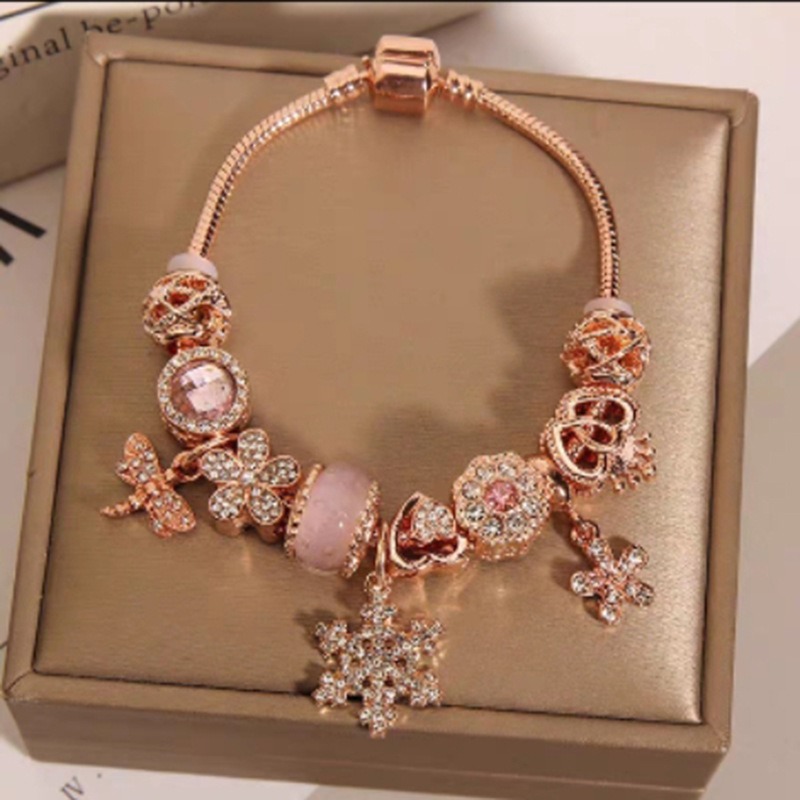 New Rose Gold Charm Bracelets Charms Snowflake Pendant Pink Enamel Rose Purple Flower Heart Dangle For Women Original DIY Jewelry Fit European Charm Bracelet