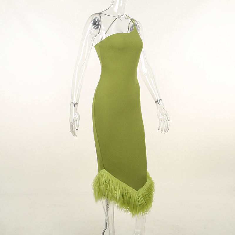 Women Casual Dresses Sleeveless Halter Fringe Tassel Hem Bodycon Midi Dress